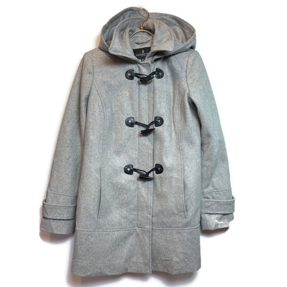London Fog Grey Hooded Duffel Jacket Coat Toggle Wool Blend Sz Small